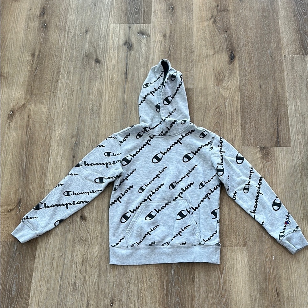 Champion Gorpcore All‎ Over Print Logo Hoodie Kids Gray Pullover Sweatshirt